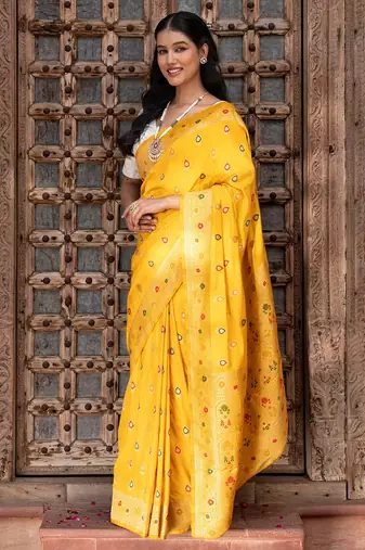 Yellow embroidered pure katan silk saree