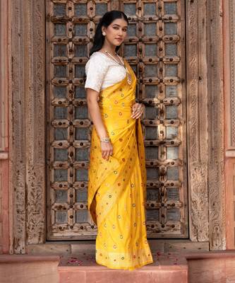 Yellow embroidered pure katan silk saree 3