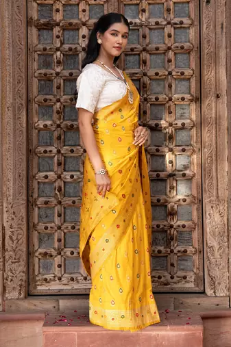 Yellow embroidered pure katan silk saree