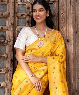 Yellow embroidered pure katan silk saree 4