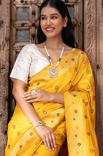 Yellow embroidered pure katan silk saree