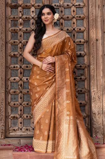Coffee brown embroidered pure katan silk saree
