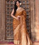 Coffee brown embroidered pure katan silk saree
