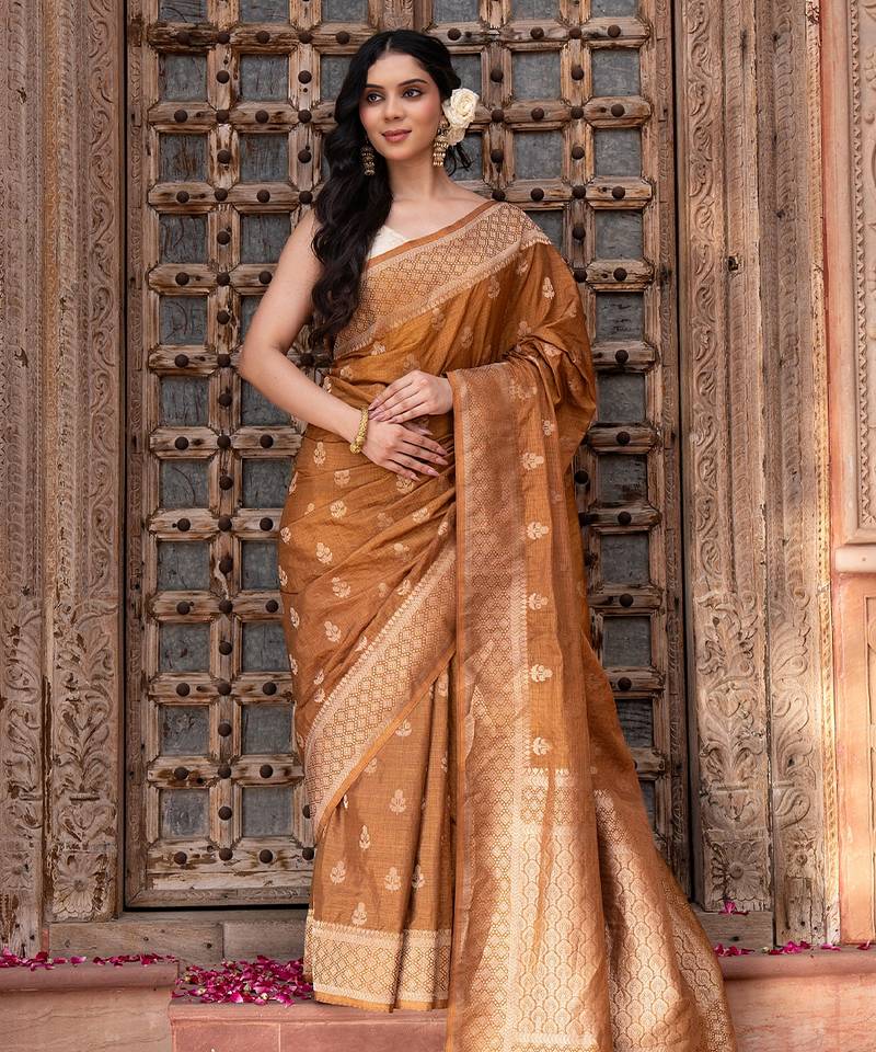 Coffee brown embroidered pure katan silk saree