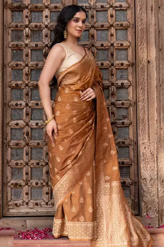 Coffee brown embroidered pure katan silk saree