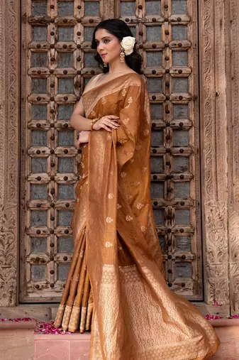 Coffee brown embroidered pure katan silk saree