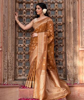 Coffee brown embroidered pure katan silk saree 4
