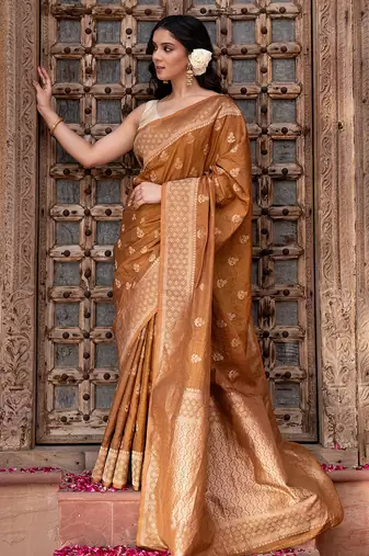 Coffee brown embroidered pure katan silk saree