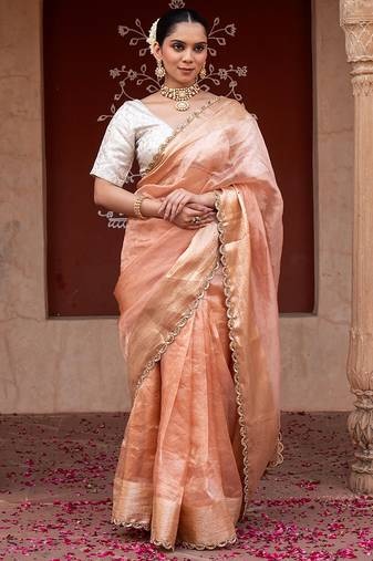Peach embroidered pure tissue silk saree