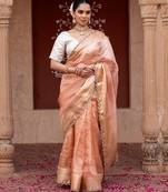 Peach embroidered pure tissue silk saree