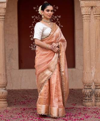 Peach embroidered pure tissue silk saree 2