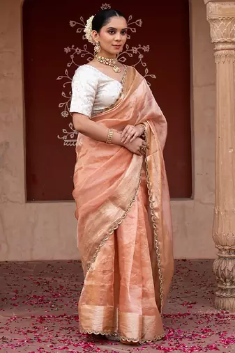 Peach embroidered pure tissue silk saree