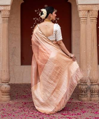 Peach embroidered pure tissue silk saree 3