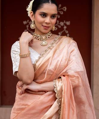 Peach embroidered pure tissue silk saree 4