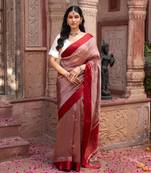 Maroon embroidered pure tissue silk saree