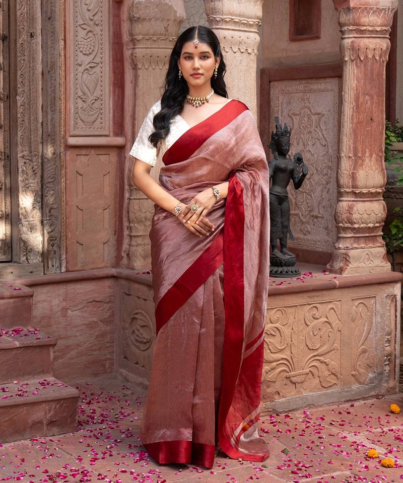 Maroon embroidered pure tissue silk saree