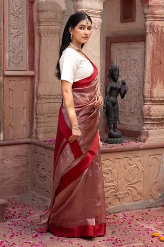 Maroon embroidered pure tissue silk saree