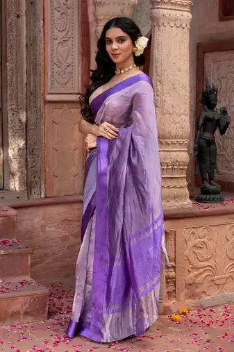 Purple embroidered pure tissue silk saree