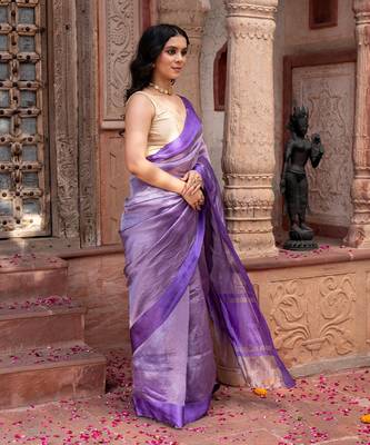 Purple embroidered pure tissue silk saree 3