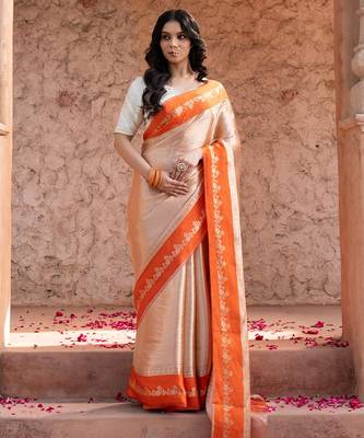 Orange embroidered pure tissue silk saree 1