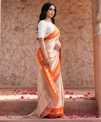 Orange embroidered pure tissue silk saree 2