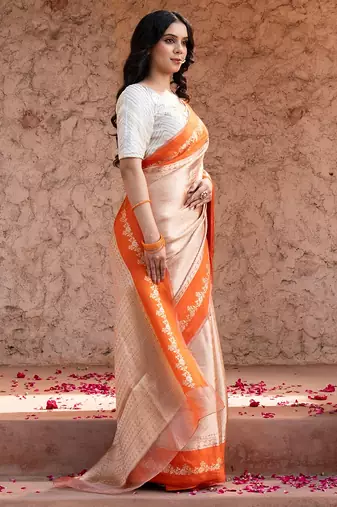 Orange embroidered pure tissue silk saree