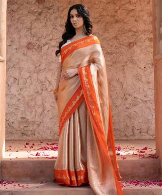 Orange embroidered pure tissue silk saree 3