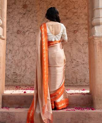 Orange embroidered pure tissue silk saree 4