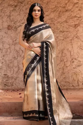 Black embroidered pure tissue silk saree
