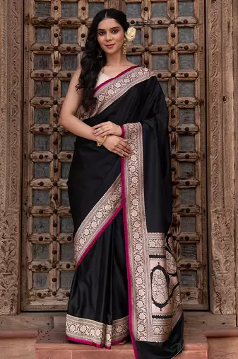 Black embroidered satin silk saree
