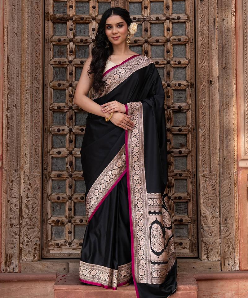 Black embroidered satin silk saree