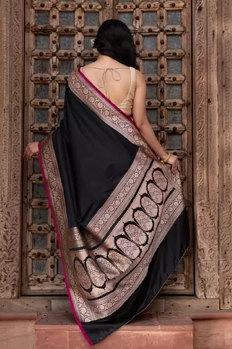 Black embroidered satin silk saree