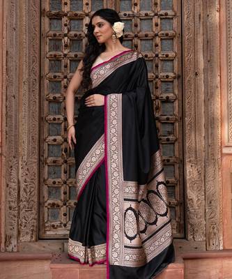 Black embroidered satin silk saree 3