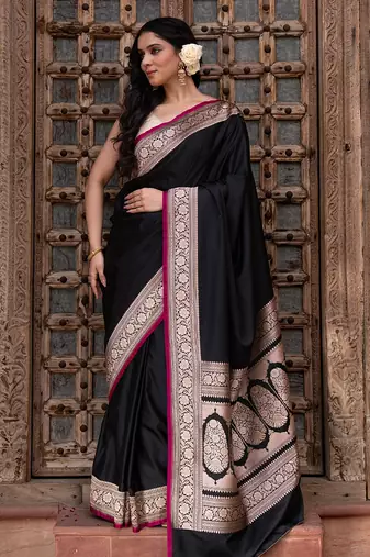 Black embroidered satin silk saree