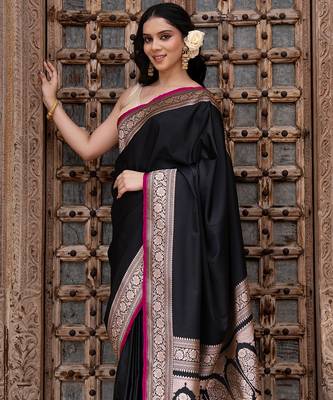 Black embroidered satin silk saree 4