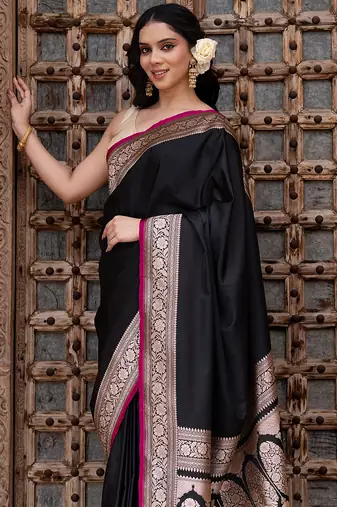 Black embroidered satin silk saree
