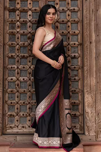 Black embroidered satin silk saree
