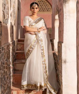 White embroidered pure organza saree 1
