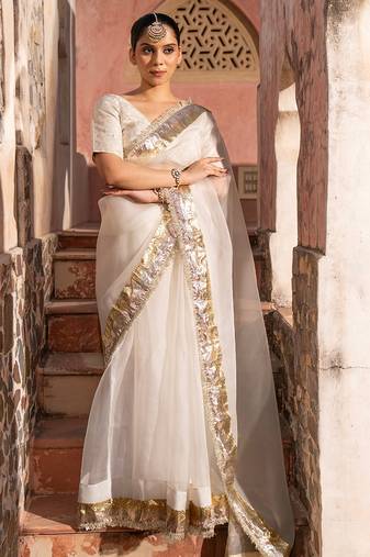 White embroidered pure organza saree