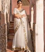 White embroidered pure organza saree