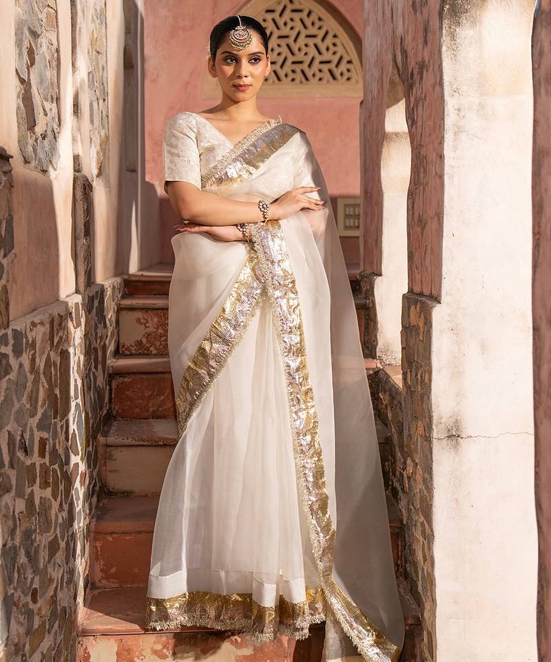 White embroidered pure organza saree