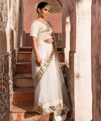 White embroidered pure organza saree 2