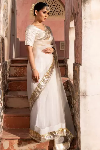 White embroidered pure organza saree