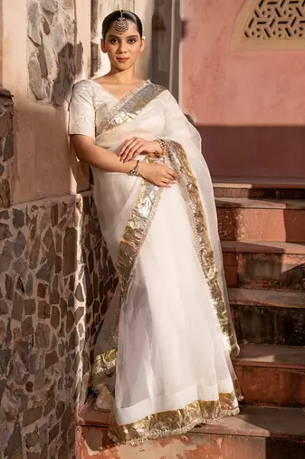 White embroidered pure organza saree