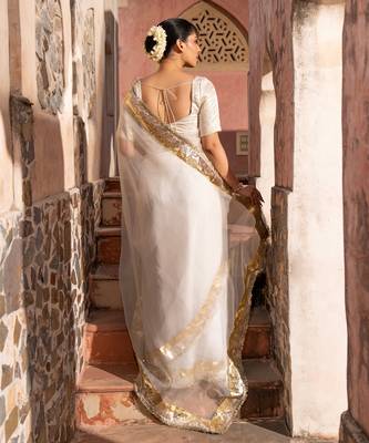 White embroidered pure organza saree 4