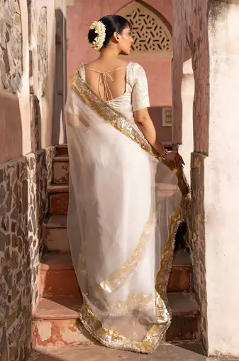 White embroidered pure organza saree