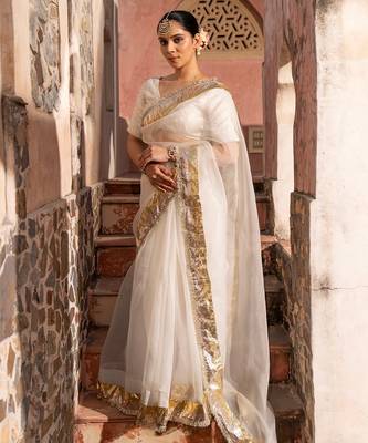 White embroidered pure organza saree 5