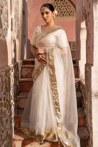 White embroidered pure organza saree