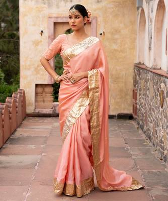 Peach embroidered pure tissue silk saree 1