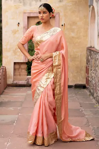 Peach embroidered pure tissue silk saree